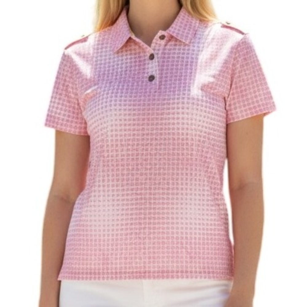 JAMIE SADOCK Pink White and Silver Checked S/S Stretch Top Blouse NWOT Size S